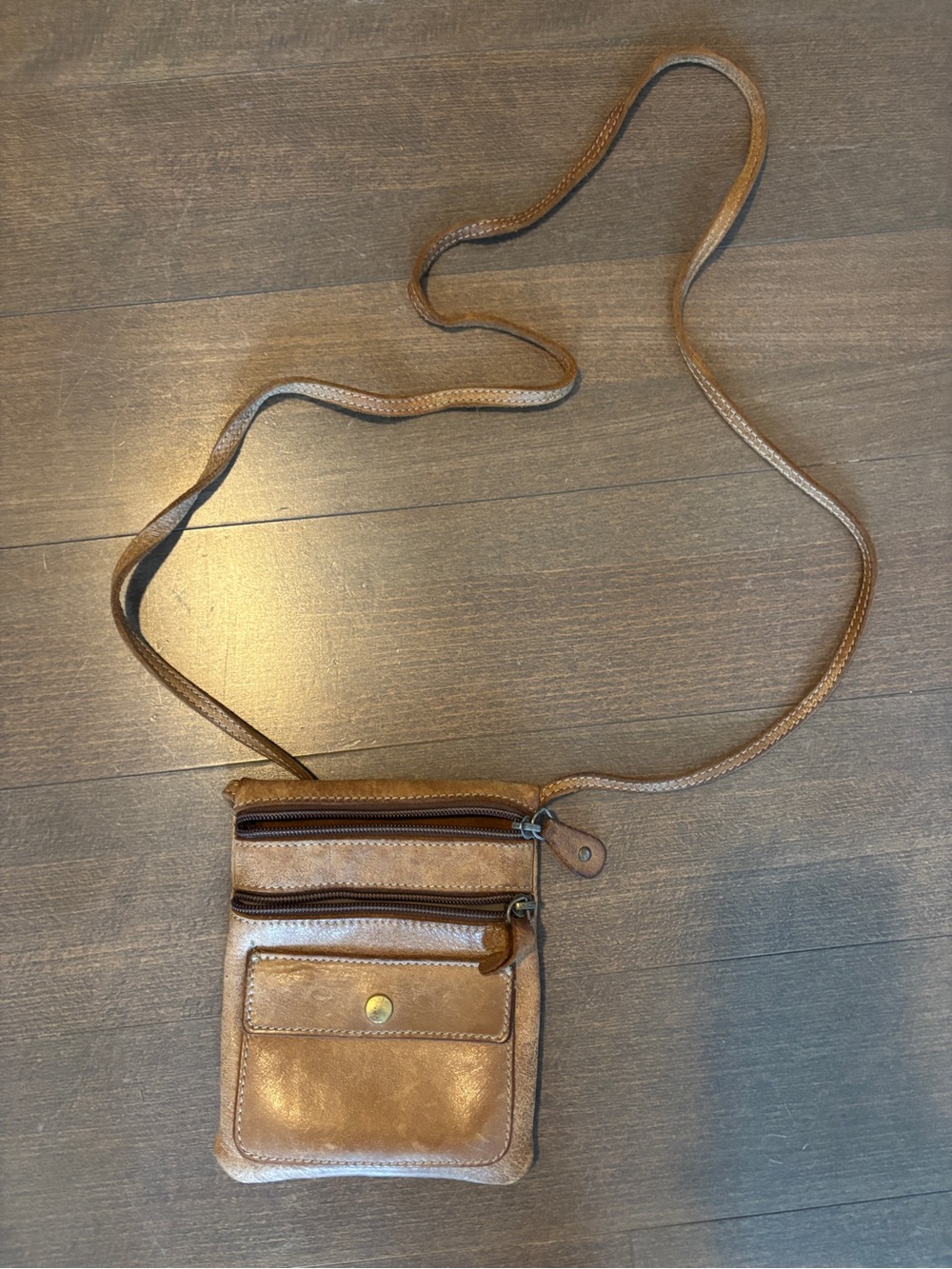 Roots Brown Leather Crossbody Travel Bag - Slim Zip Pouch
